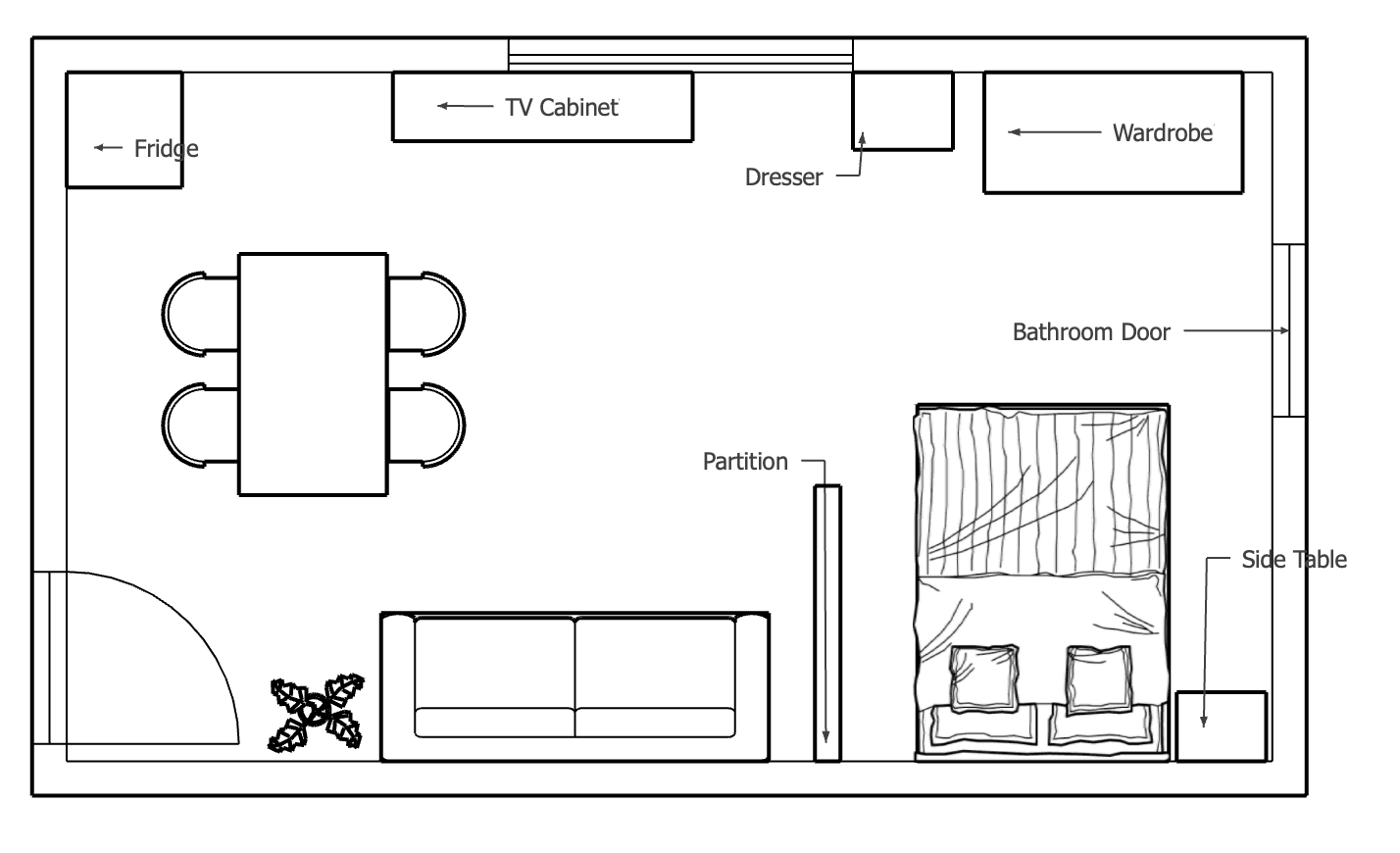 Detailed furniture and layout plan for Airbnb interior design by Ambiente Interiors, optimizing space for functionality and comfort in Dubai rentals.